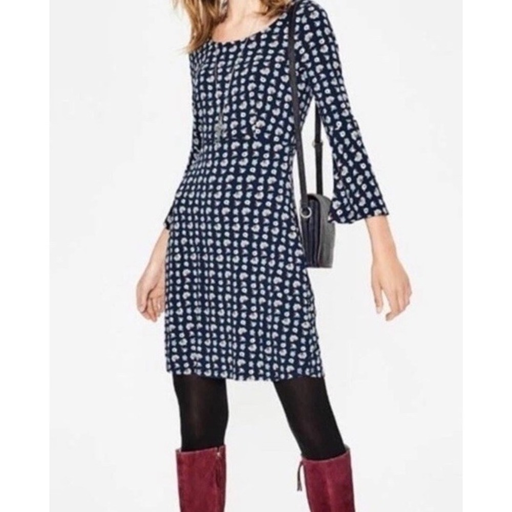 Boden Women's Miriam Jersey Knit Dress Floral Navy 3/4‎ Bell Sleeves 14R Stretch